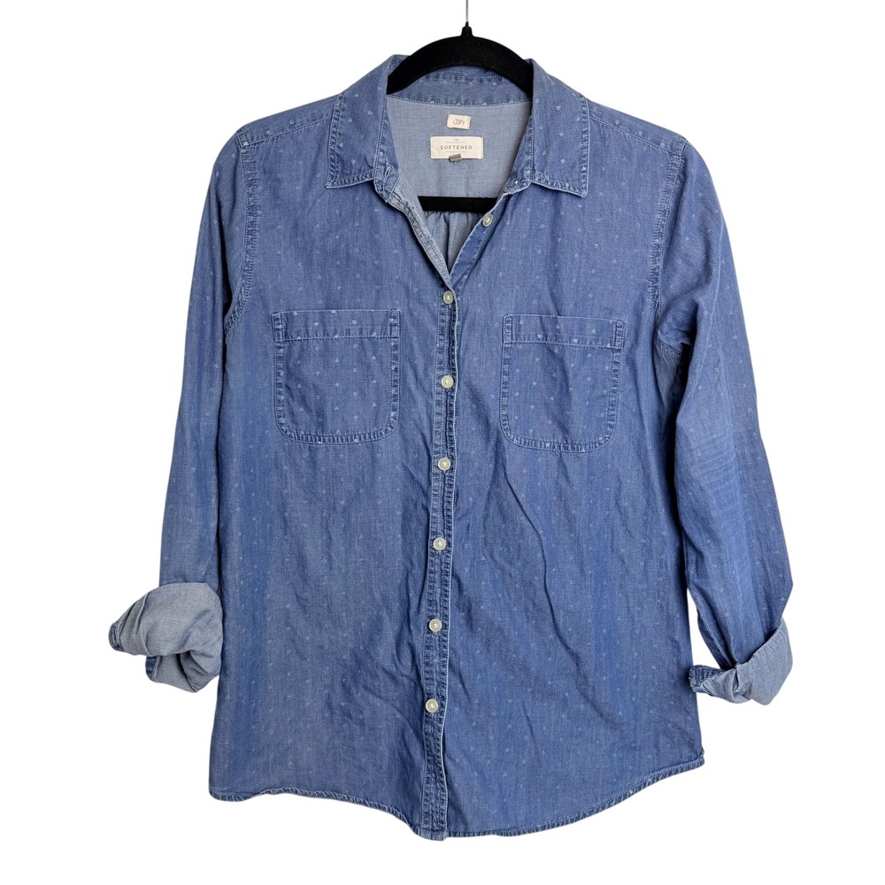 LOFT The Softened Shirt Womens Medium Blue Denim Heart Print Button Down Top